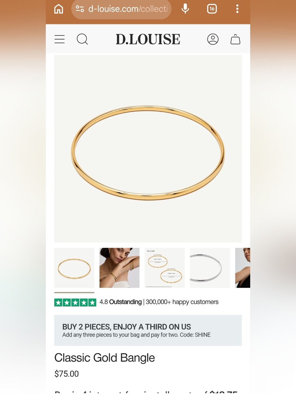 Waterproof D. Louise Classic Gold Bangle